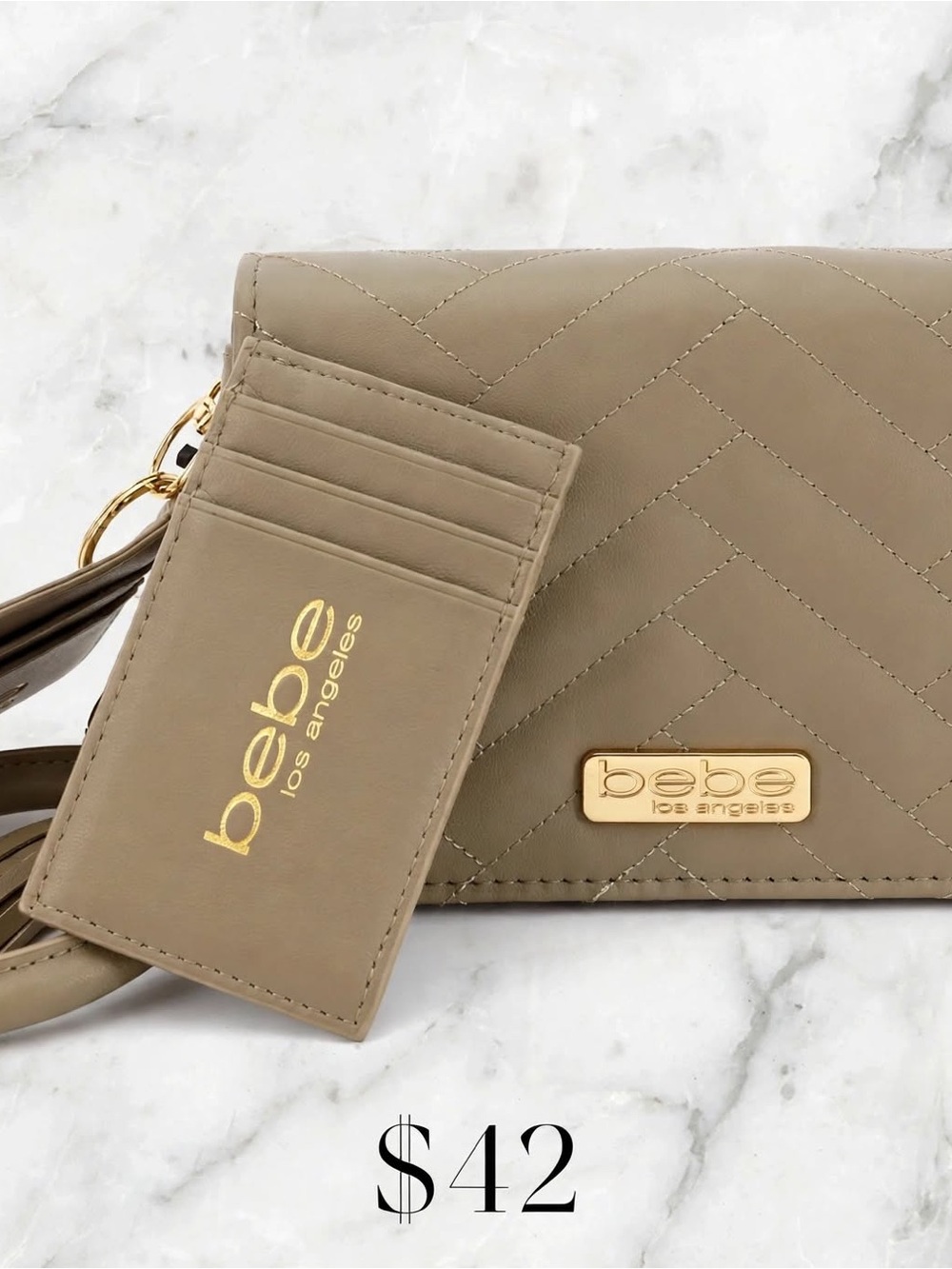 bebe Taupe Quilted Crossbody Wallet with Gold Hardware and Cardholder